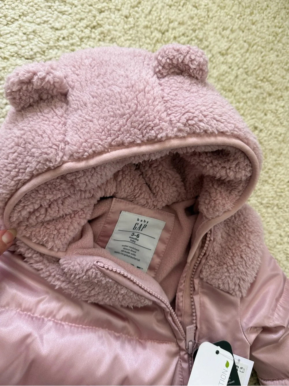 New Gap puffer Snowsuit snow hood Sherpa fleece bear primaloft pink 3-6 months